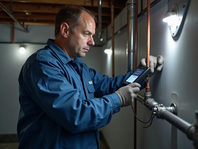 SmartFix Plumbing technician inspecting pipes with modern tools