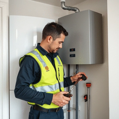 Gas Safe registered engineer performing maintenance on a residential gas boiler, emphasizing safety and expertise