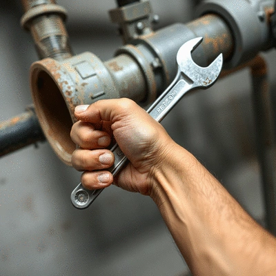 Hand holding a wrench near a pipe, showing proactive maintenance, clean, well-lit