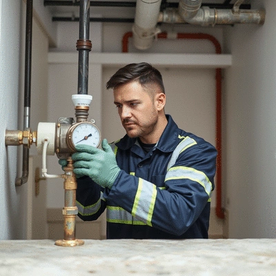 Professional gas engineer checking a gas meter in a modern home, focus on safety and precision