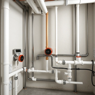 Modern plumbing system pipes and valves in a home basement, clean, well-maintained